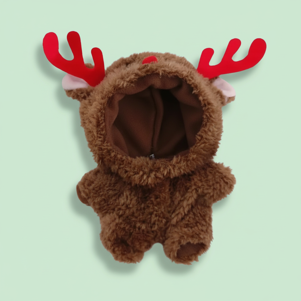 Brown fuzzy reindeer costume with red antlers on a light blue background