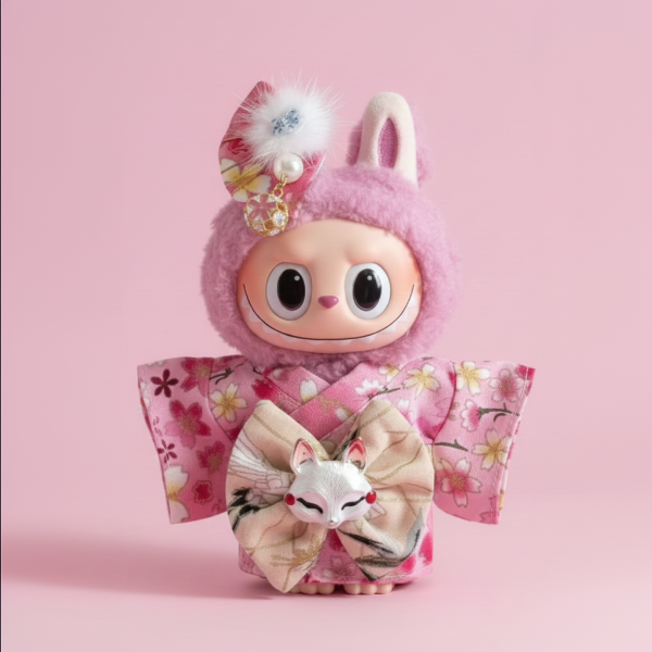 Toy figure with pink hair and floral accessories on a pink background