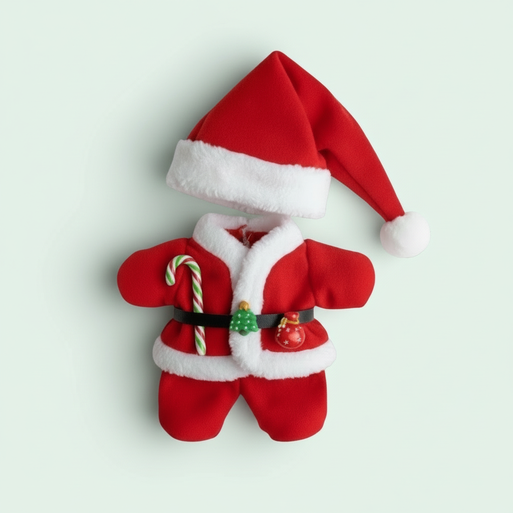 Red Santa Claus costume with hat, candy cane, and bell on a light blue background